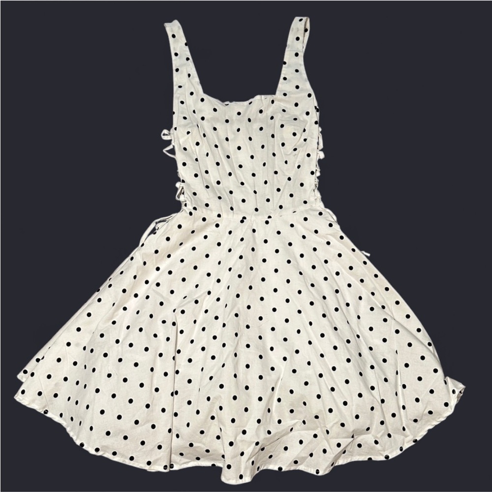 Polka Dot Babydoll Dress with Lace up Sides - Black and White - Size Large